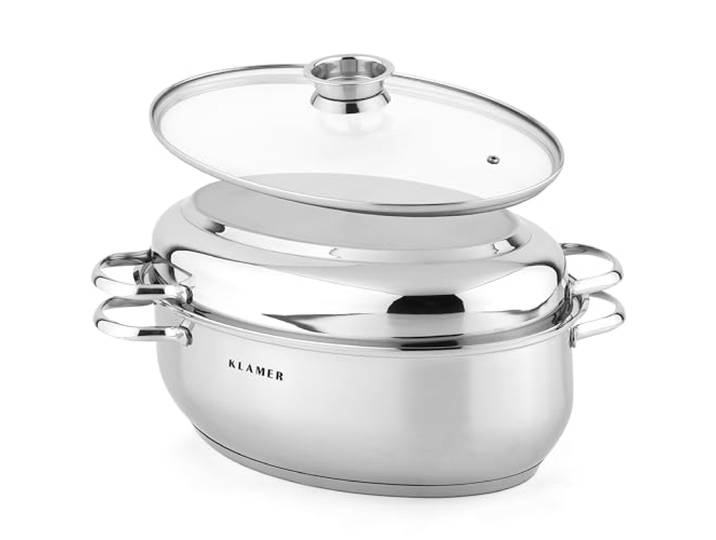KLAMER Bräter XXL 8,5 L aus Edelstahl mit 2 Deckeln, 41 cm für Induktion Glasdeckel mit Aroma-Knopf und Deckelpfanne zum Braten. Für Gas, Elektro und Glaskeramik sowie Backofen bis 240 °C geeignet