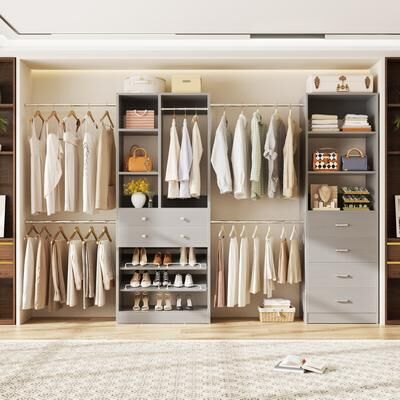 Rackcog Set of 2 Closet Organizer System with Wood Drawers, Amoire Wardrobe with Hanging Rods