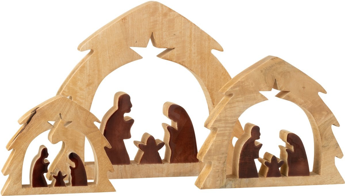 J-Line Kerststal decoratie in hout, naturel/bruin, large