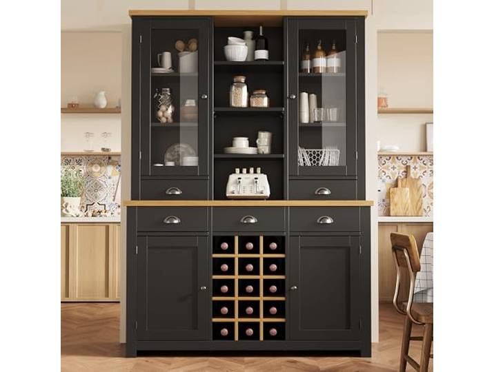 QQJIN Küchenschrank mit 2 Kippschutzvorrichtungen, Soft-Close, 5 Schubladen & Herausnehmbarem Weinregal, Moderner Küchenbuffet Buffetschrank 120×40×185cm,F