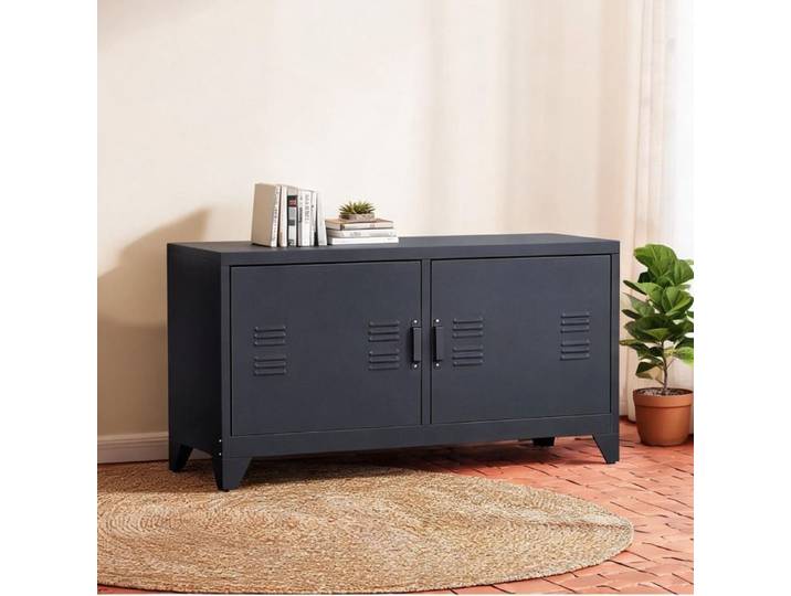 Meuble TV design industriel en acier noir avec 2 placards et 2 étagères réglables 119 - Noir Acier 119 x 40 x 63.5 cm Ref Z5UDZF