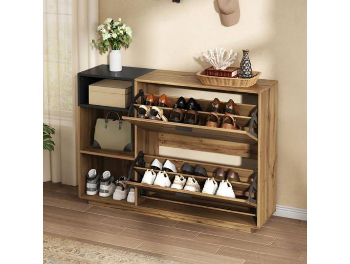 Meuble A Chaussures MDF Naturel Noir Armoire D Entree FloraGrace Pour Entree Et Couloir Avec 2 Abattants 120x32x84 5cm