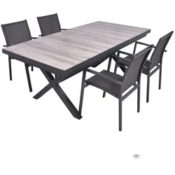 DELUKE Garten-Sitzgruppe JANA 5-tlg. - Alu/Keramik, Eiche-Optik, Grau | Gartenmöbel-Set Gartengarnitur Garten-Essgruppe mit Stapelstühlen D und Esstisch
