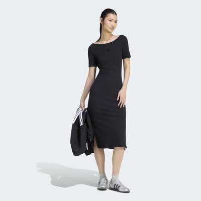 Shirtkleid ADIDAS SPORTSWEAR "ADIDAS KIT SMALL LOGO RIB DRESS", Damen, Gr. L, N-Gr, schwarz, Obermaterial: 46% Baumwolle, 45% Viskose, 9% Elasthan, Kleider Shirtkleid, Ripp-Optik, hochwertiges Tragegefühl