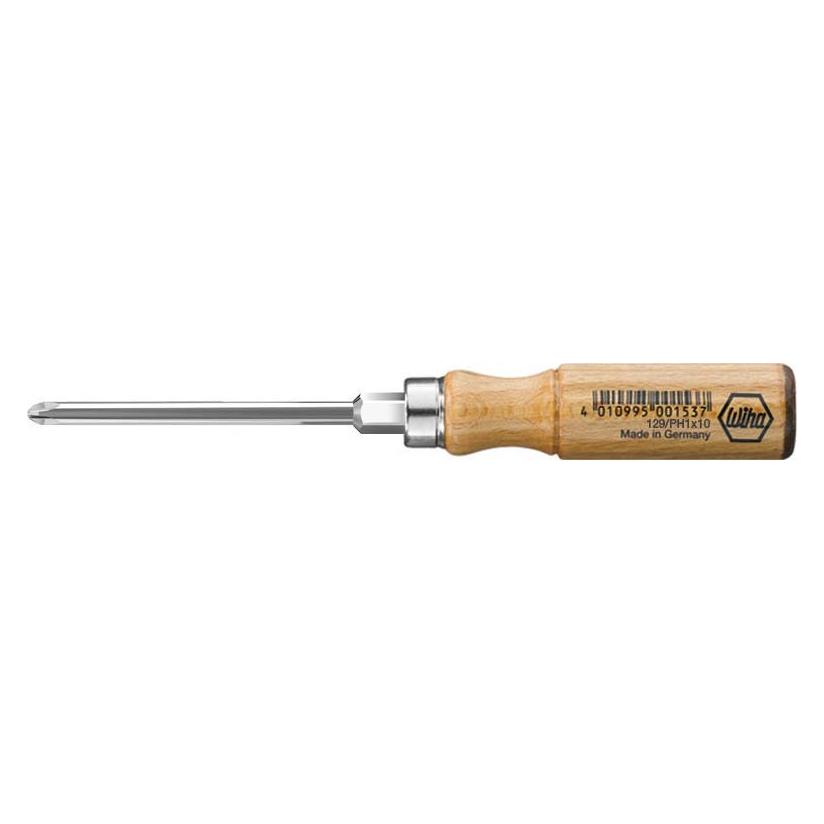 Wiha Schraubendreher 129 Grösse PH 1 Klingenlänge 80 mm Holzgriff Rundklinge mit 6-Kant Ansatz (Kreuzschlitz) (00057)