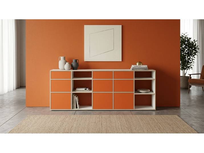 Oranges Sideboard mit vielen Optionen wie vom Tischler, Orange Kommode Premium Dekore Weiß Multiplex Kante