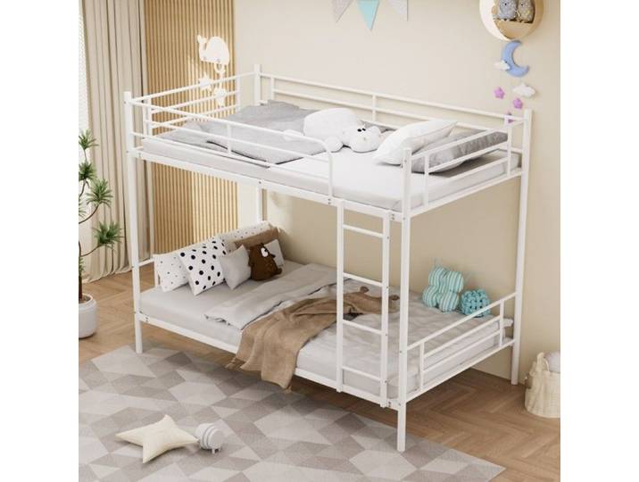 Lit Superposé Blanc 90x190cm structure fer escalier métal rambarde antichute sans matelas