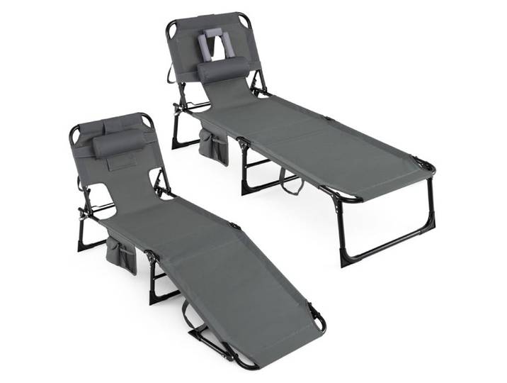 COSTWAY Chaise Longue Pliante avec Trous Pochette Latérale et Appuie-Tête Amovible Réglable à 5 Positions 160 kg Gris