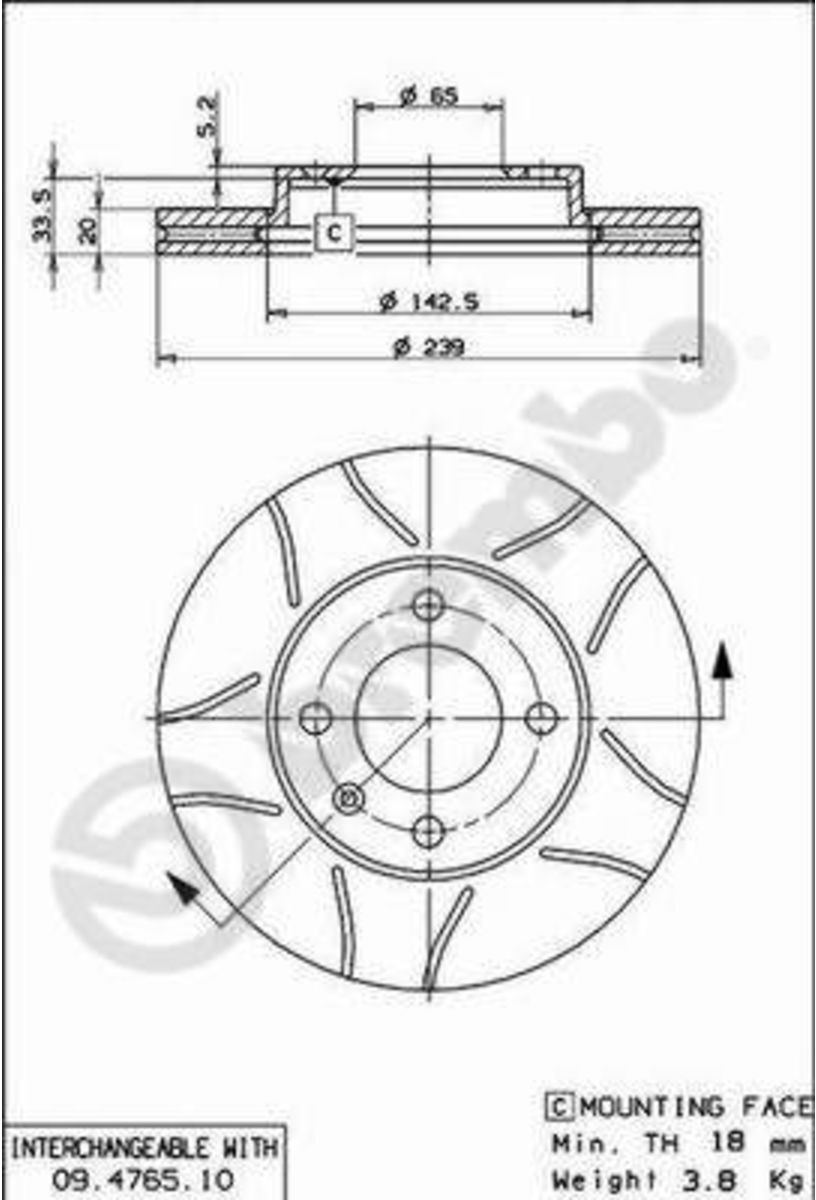 Bremsscheibe BREMBO 09.4765.75, vorne, geschlitzt, belüftet, 1 Stück