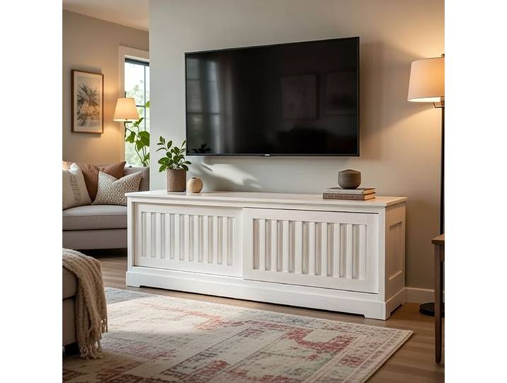 TV-Lowboard Geriffelt Pinie Massiv, gebürstet Weiß/Pinie Weiß 166cm