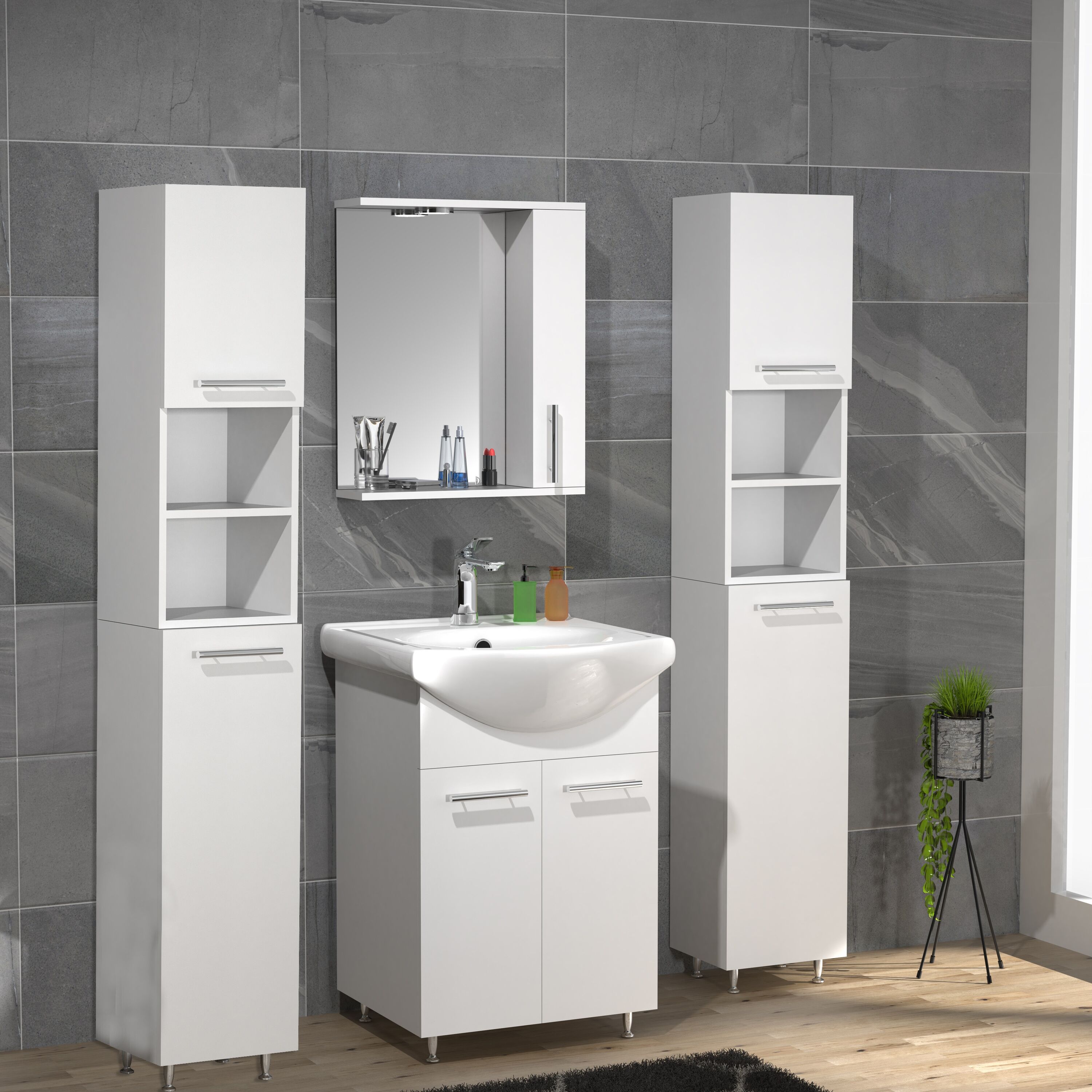 Waschtisch VCM "5tlg Waschplatz Waschtisch Spiegelschrank Lisalo M", weiß, B:115cm T:45cm, Waschtische, Waschtisch