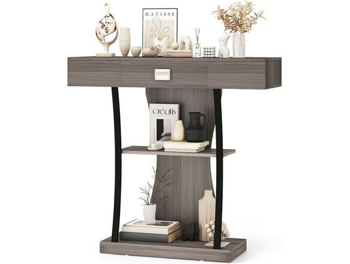 DREAMADE Table Console Entrée en Bois avec 3 Étagères un Tiroir Dispositif Anti-basculement pour Entrée Couloir et Salon Gris