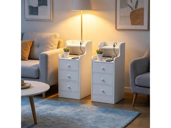 Lot de 2 Table de Chevet Étroite avec Multiprise - LVHCMFOHM - 3 Tiroirs+2 Étagères - 25x35x70cm - Pour Chambre/Bureau - Blanc