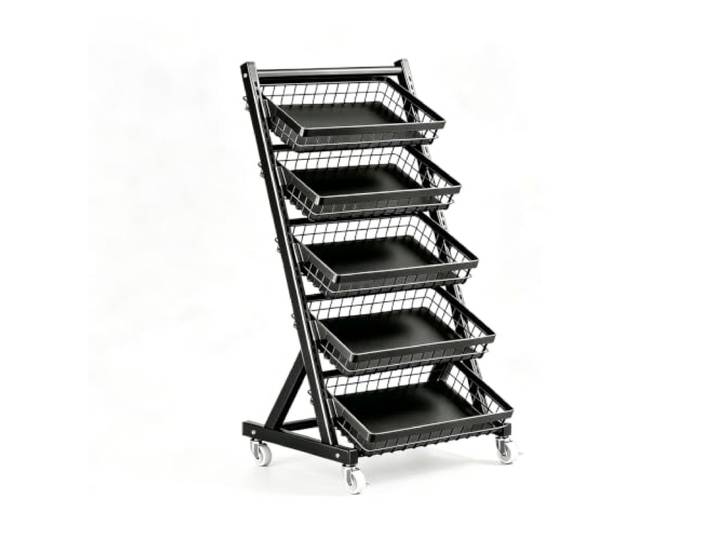3/4/5Tier Supermarkt Snack Regal Anzeige Stand,Einzelhandels-Display Regale Freistehendes schwarzes schräges großes Metall-Snackregal auf Rollen,für Arbeitsplatten,Küche Laden(5 baskets)