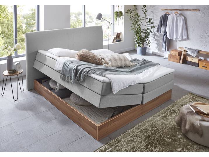 Boxspringbett HOME AFFAIRE Blomen , grau (hellgrau), B:182cm L:224cm, Komplettbetten, Boxspringbett, mit Walnuss-Dekor, mit Bettkasten, verschiedene Härtegrade, mit Topper