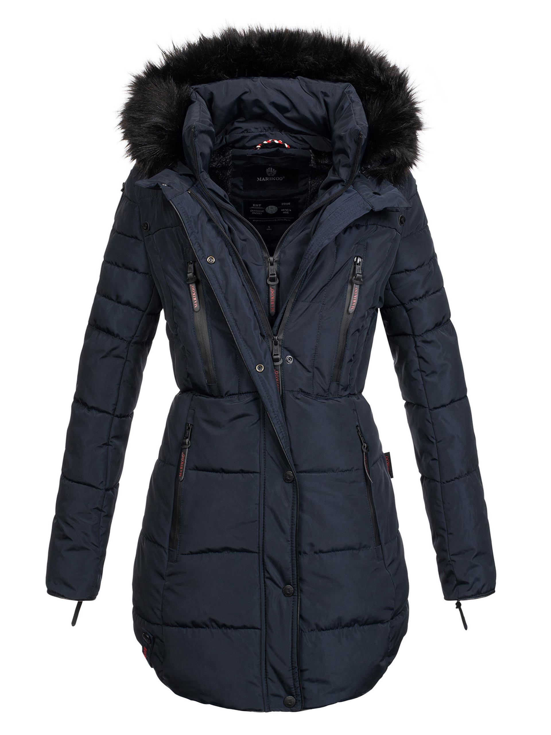 Marikoo lange dames winterjas Moonshine met imitatiebontkraag & teddyvoering