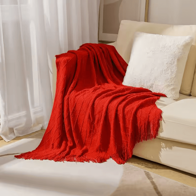 Inspire Curations Mustard Yellow Geometric Knitted Throw Blanket With Fringe diamond Red 127x180cm