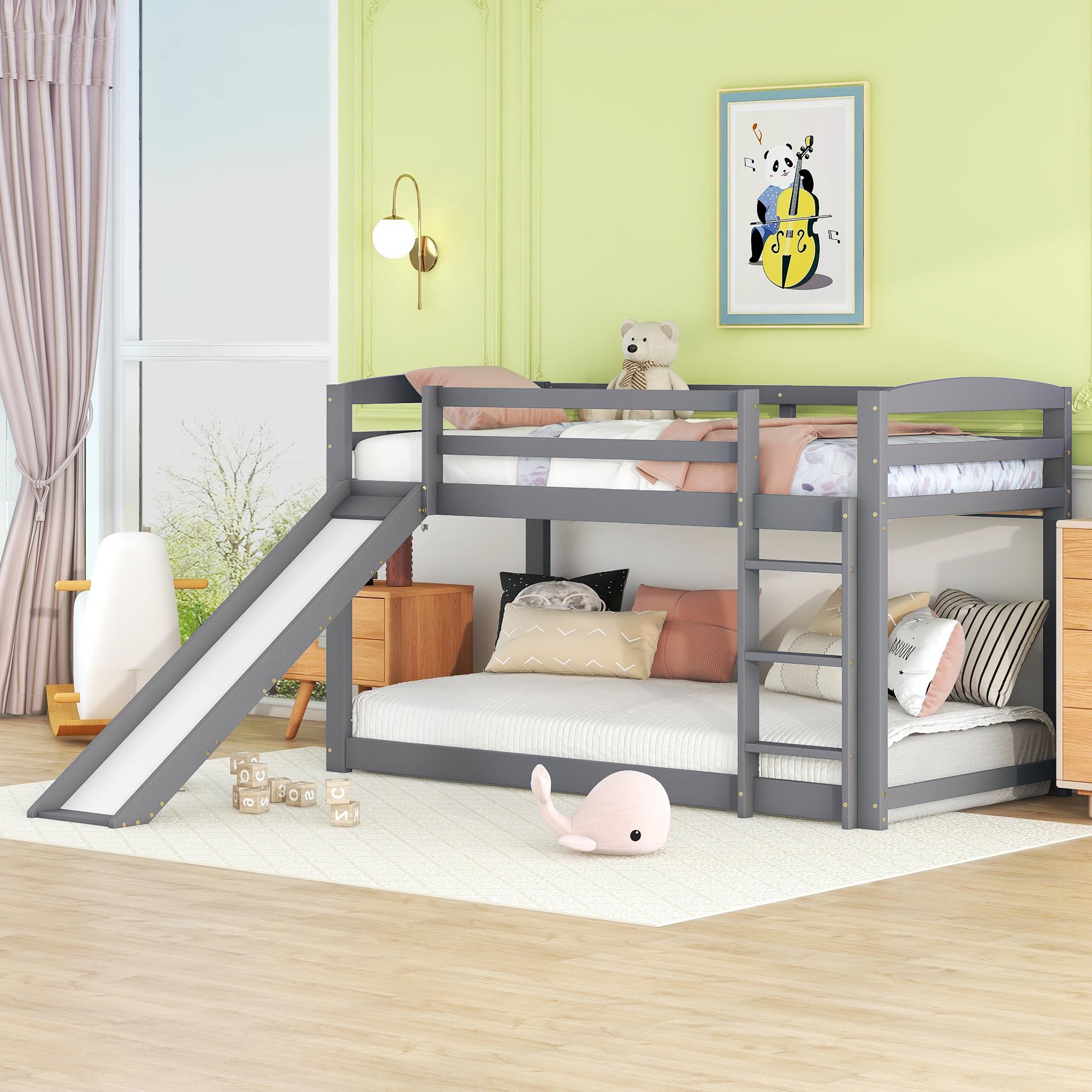 Etagenbett für Kinder und Jugendliche, Kinderbett mit Rutsche, Massivholzrahmen, einfache Montage, 90 x 200 cm, grau