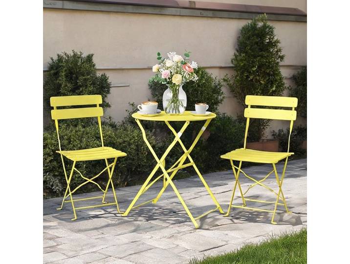 Ensemble bistrot 2 places table ronde et 2 chaises pliantes métal thermolaqué jaune