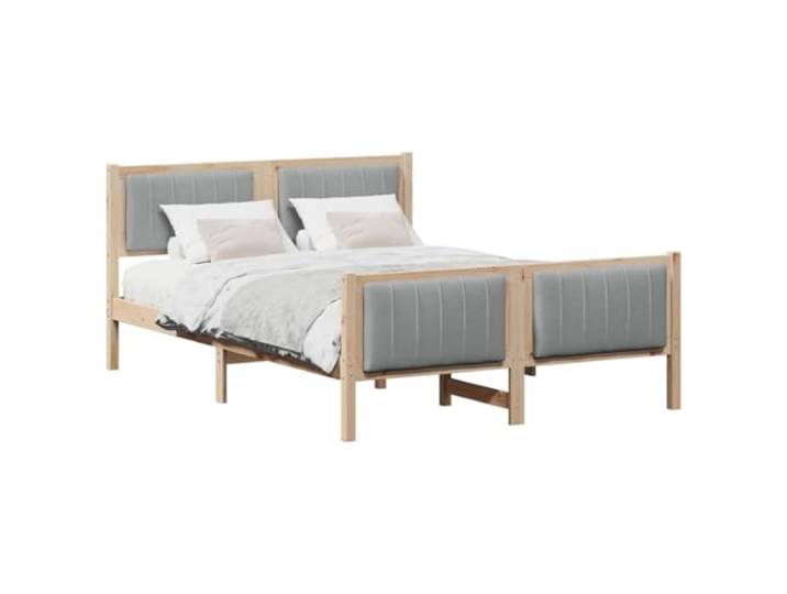 KTHLBRH Bettgestell, Braun und Hellgrau, 135 x 190 cm Massives Kiefernholz, gepolstertes Kopfteil aus Polyester, Plattform-Design, Kapazität 200 kg