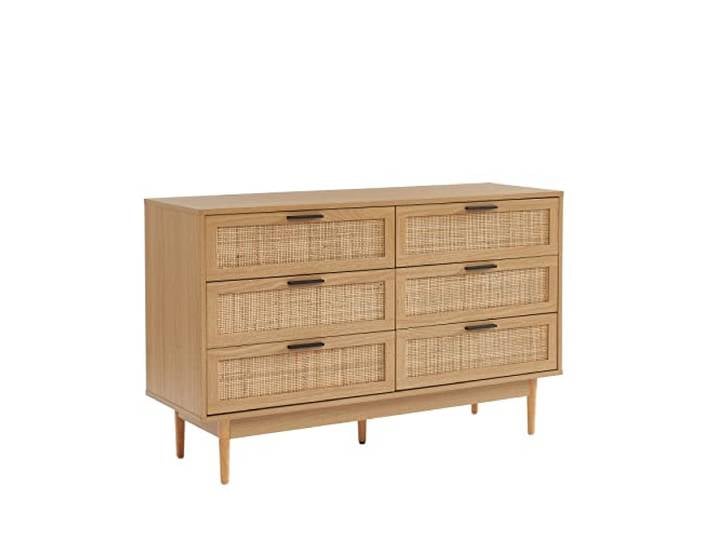 BAÏTA Commode Amana 6 tiroirs Effet chêne et cannage en rotin