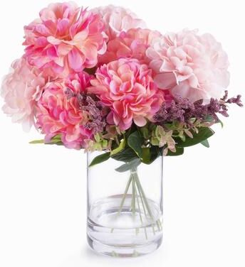 Enova Home 7 Heads Pink Mixed Artificial Silk Dahlia Fake Flowers Arrangement in Glass Vase with Faux Water for Home Decor