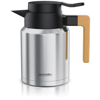 Arendo Isolierkanne 1,2 L, Edelstahl Thermoskanne mit Holzgriff, doppelwandig, auslaufsicher, BPA-frei, 1200 ml, Quick-Tip-Verschluss