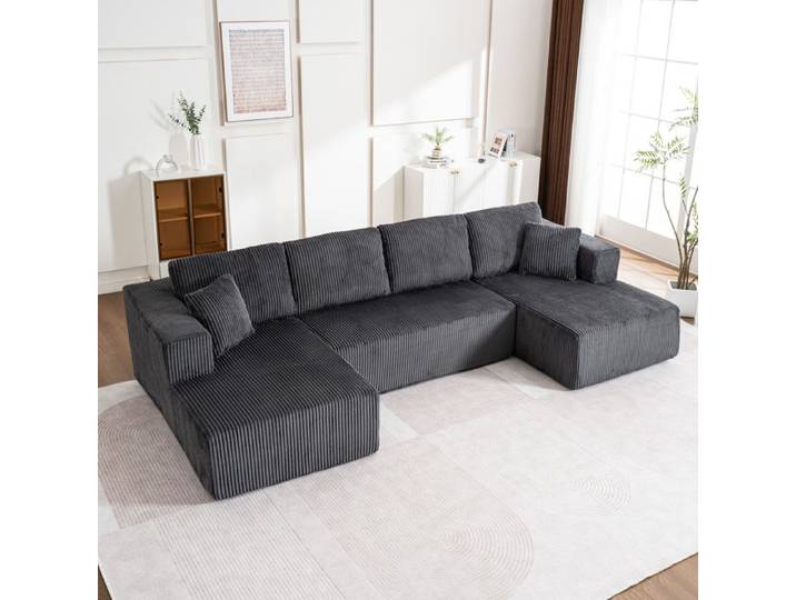 Canapé - SOGEU - W3488S00040 - Velours côtelé - Convertible dépliable - Gris 332x156x88 cm