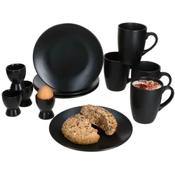 Nero 12tlg Frühstücksset matt schwarz Steingut Teller Kaffeebecher Eierbecher