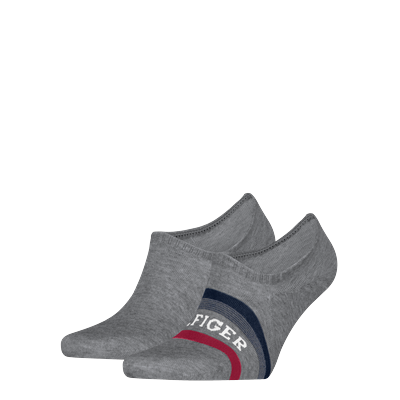 Füßlinge TOMMY HILFIGER "TH MEN FOOTIE 2P HILFIGER TAB", Herren, Gr. 39-42, grau (mid grau melange), Baumwolle, Elasthan, Polyamid, gestreift, unifarben mit Farbeinsatz, Socken, mit Anti-Rutsch Technologie