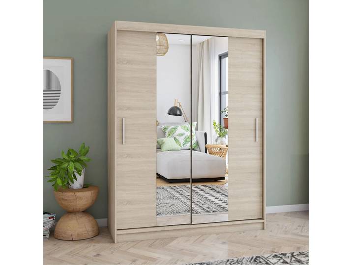 Schwebetürenschrank Kleiderschrank Schrank150 cm mit Spiegel Sonoma/Sonoma Vista 01