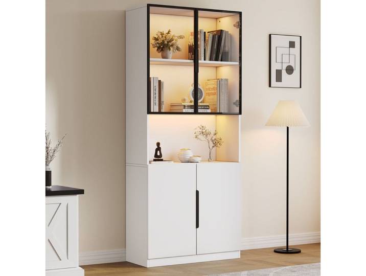 Vitrine Blanche Portes En Verre Bibliotheque LED Moderne FloraGrace Pour Salon Ou Salle A Manger Rangement 3 Zones 80x30x200cm