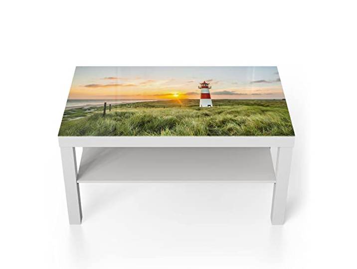 DEQORI Glastisch weiß groß 90x50 cm Motiv Leuchtturmliebe ausgefallener Beistelltisch aus Glas Hochglanz Couchtisch fürs Wohnzimmer moderner Couch Tisch mit Design