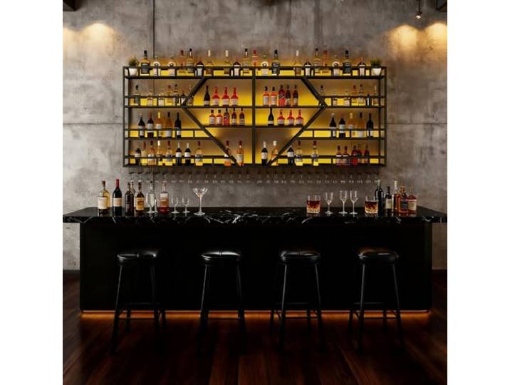 SPTZQURY Weinregal zur Wandmontage mit Wein Glashalter, 3 Lagiger Großes Industriell Schwebende Wandmontage Weinflaschenhalter, Bar Multifunktionaler Weinpareite Display Rack (Schwarz, 4 Tier,200cm)