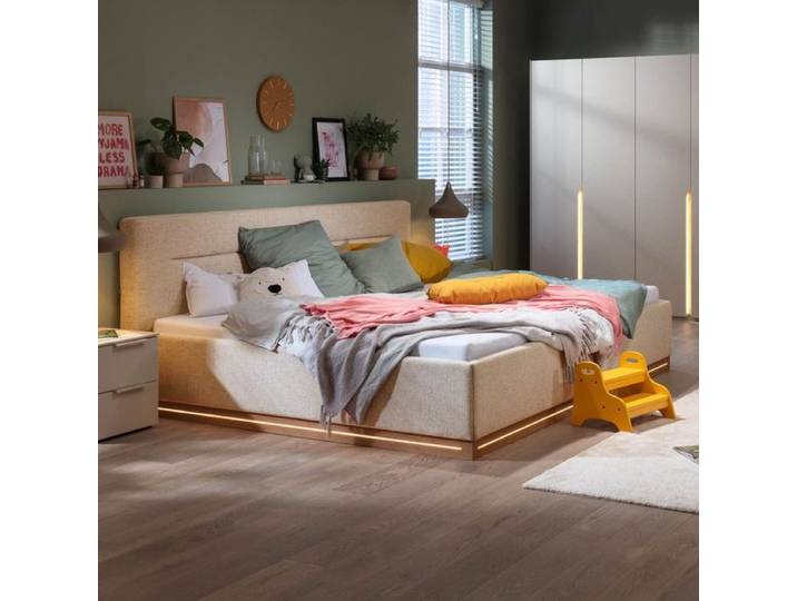 set one Familienbett Franklin Kopfteil mit Quereinzug Sockel eichefarben 240x200cm Sand modern, Mit Beleuchtung