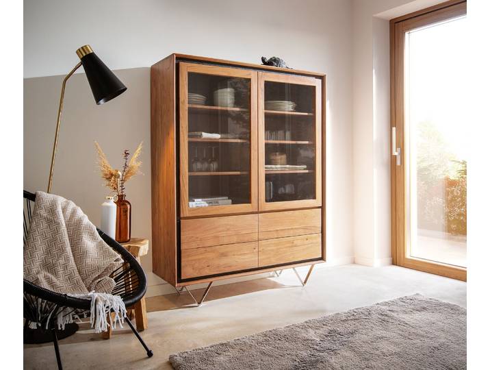 Vitrine Stonegrace 115x150 Akazie Natur 2 Türen 4 Schubladen Steinfurnier V-Fuß, Vitrinen
