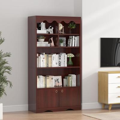 Garvee 5-Tier Walnut Bookcase w/ Doors, Semi-Open Bookshelf
