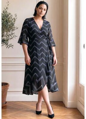 Plus Size Women's Charlotte Wrap Ruffle Dress by Avenue in Black Organic Chevron (Size 14)