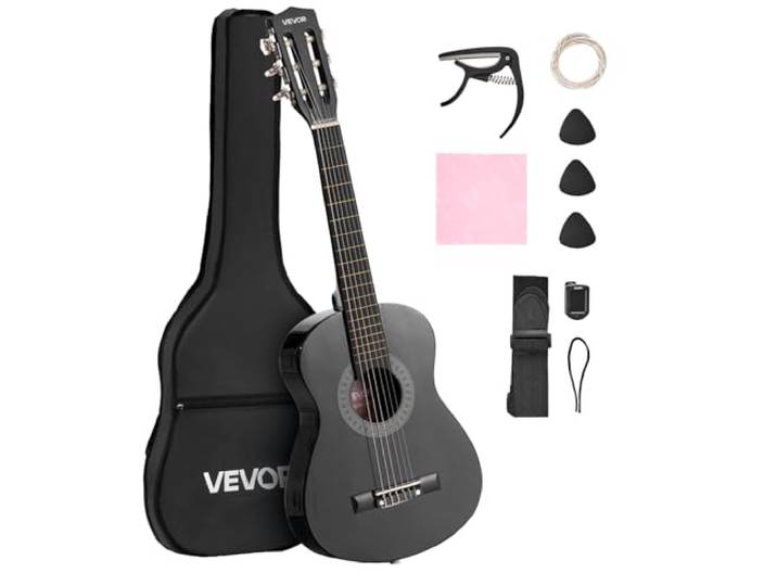 VEVOR Guitare Classique Débutants\, 78 cm\, avec Cordes en Nylon\, Housse de Transport\, Sangle\, Accordeur\, Cordes Supplémentaires\, Médiators\, Capodastre\, en Tilleul\, pour Jeunes Enfants Musiciens\, Noir