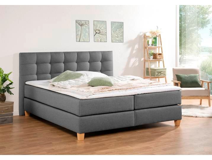 Boxspringbett, Grau, 174x211 cm, Samtstoff & Kaltschaum, Inkl. Topper, Klassisch, Home-affaire
