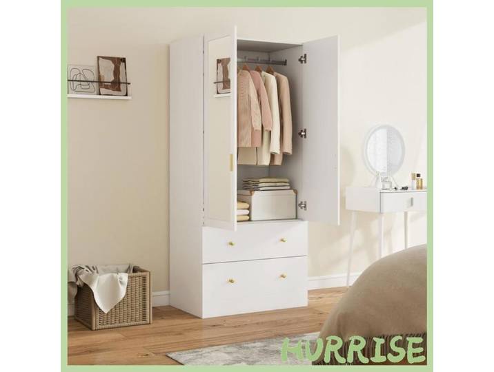 Cocosity Armoire Chambre Penderie Avec Miroir 2 Portes 2 Tiroirs Et Barre De Suspension 80 X 50 X 180 Cm Blanc