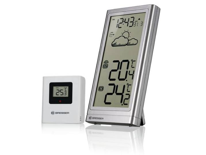 Bresser Draadloos weerstation met buitensensor Meteo Temp, thermometer met temperatuurdisplay voor binnen- en buitengebruik, weersvoorspelling, met uitklapbare standaard en wandhouder, zilver
