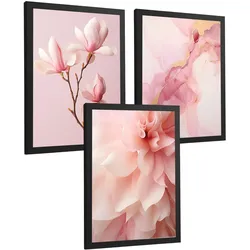 POSTER 3er-Set Wandbilder Orchidee Marmor modern Wohnzimmer Deko, Schlafzimmer, Küche, Badezimmer Schwarzer Rahmen A3
