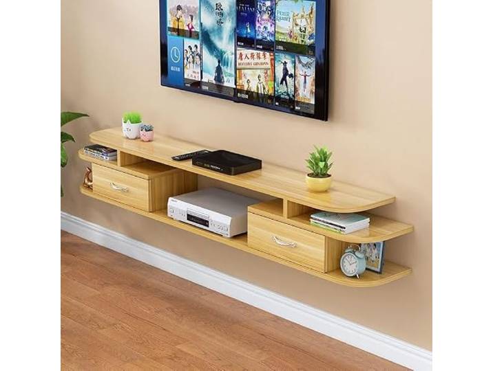 Schwimmender TV-Ständer, wandmontiertes Entertainment-Center, groß Stauraum mit verschiebbaren offenen Regalen auf der Tischplatte hängend