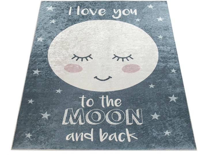 Kinderteppich PACO HOME Aleyna 103 , grau, B:80cm H:6mm L:150cm, Polyester, Teppiche, Kinderteppich, Kinder Design, niedliches Mond Motiv mit Schriftzug, Kinderzimmer