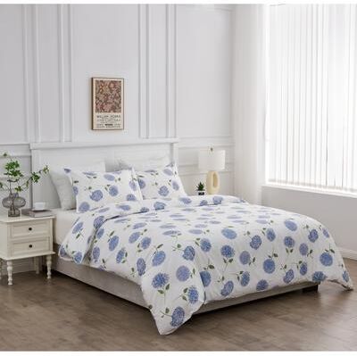 Melange Home Printed Design Cotton Collection 400 Thread Count Blue Hydrangea Duvet Set