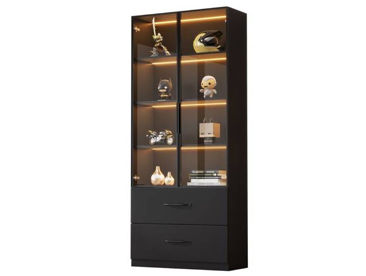 Vitrine Argentier Noir 60x40x160cm Aluminium Verre Trempé LED Multicolore Tiroirs Charnières Amorties Bibliothèque Multifonction
