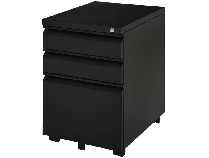 Vinsetto Rollcontainer Aktenschrank Büroschrank mit 3 Schubladen Räder Stahl Schwarz, Metall, 48x60x39 cm, Büromöbel, Container