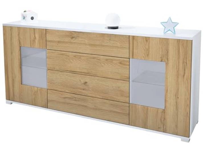 Vladon Sideboard Grömitz V2, Kommode mit 2 großen Türen und 4 Schubladen, Weiß matt/Eiche Natur (166,5 x 75,5 x 35)