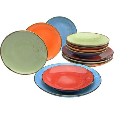 Tafelservice CREATABLE "Geschirr-Set NATURE COLLECTION Mediterran", bunt (orange, blau, grün, feuerrot), 12 Stk., Steinzeug, Geschirr-Sets, Tafelservice, Teller Set, Service, 12 Teile, für 4 Personen